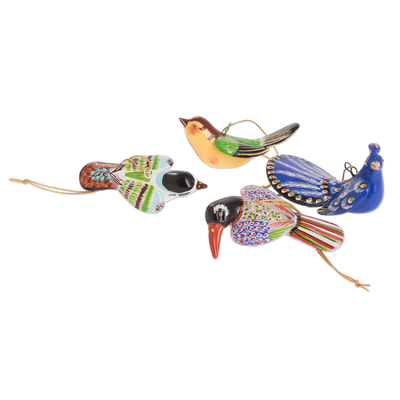 Adornos de cerámica, 'Pájaros de Navidad' (juego de 4) - Adornos de pájaros pintados a mano (juego de 4)