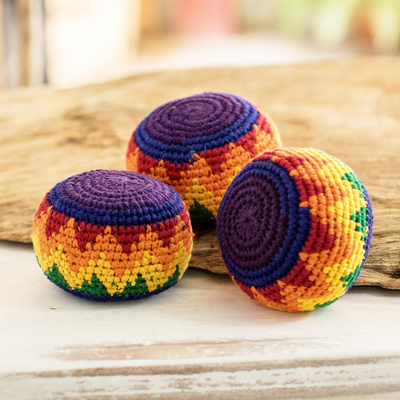 Cotton hacky sacks, 'Maya Colors' (set of 3) - Multicolored Cotton Hacky Sacks (Set of 3)