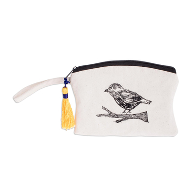 Canvas cosmetic bag, 'Pajarito Birdie' - Linocut Printed Cosmetic Bag With Tassel and Plastic Lining