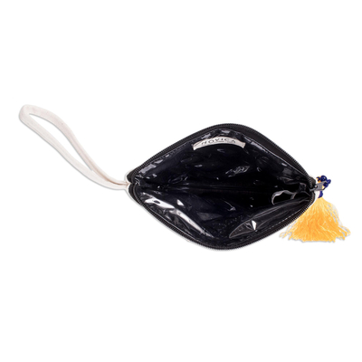 Kosmetiktasche aus Segeltuch, „Pajarito Birdie“ – Kosmetiktasche mit Linolschnittdruck, Quaste und Kunststofffutter