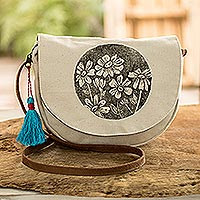 Cotton sling bag, 'Daisies' - Daisy Motif Cotton Sling