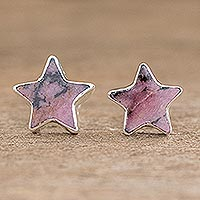 Rhodonite stud earrings, 'Lone Star in Pink' - Sterling Star Studs with Rhodonite