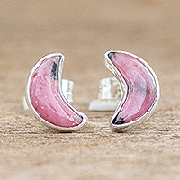 Rhodonite stud earrings, 'Moon Crescent in Pink' - Genuine Rhodonite Stud Earrings