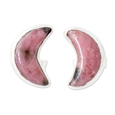 Rhodonite stud earrings, 'Moon Crescent in Pink' - Genuine Rhodonite Stud Earrings