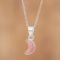 Rhodonite pendant necklace, 'Moon Crescent in Pink' - Sterling and Rhodonite Necklace