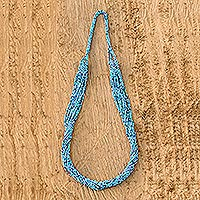 Glass beaded long necklace, 'Lovely Sea' - Blue Beaded Long Necklace