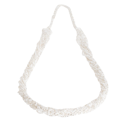 Glass beaded long necklace, 'Winter Snow' - White Long Bead Necklace
