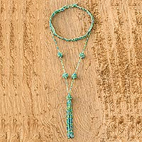Beaded choker necklace, 'Tricolor Illusion' - Tassel Necklace in Turquoise and Green