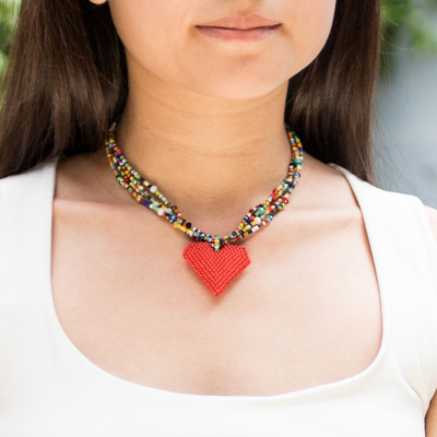 Beaded pendant necklace, 'Vibrant Love' - Heart Pendant Beaded Necklace