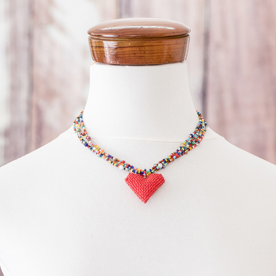 Beaded pendant necklace, 'Vibrant Love' - Heart Pendant Beaded Necklace