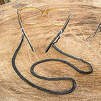 Beaded eyeglass lanyard, 'Sololá Trail in Black' - Black Beaded Eyeglass Lanyard