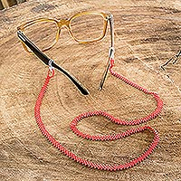 Beaded eyeglass lanyard, 'Sololá Trail in Strawberry' - Handmade Red Eyeglass Lanyard