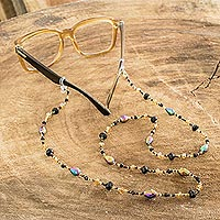 Beaded eyeglass lanyard, 'Sololá Fiesta in Black' - Artisan Crafted Beaded Eyeglass Lanyard