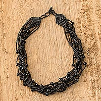 Beaded torsade necklace, 'Ebony and Jet' - Handmade Black Bead Necklace