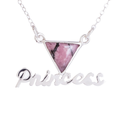 Rhodonite pendant necklace, 'Triangle Princess' - Rhodonite and Sterling Silver Pendant Princess Necklace