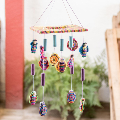 Cotton and wood mobile, 'Tell Us Your Troubles' - Quitapenas Doll and Wood Bead Mobile in Multiple Colors