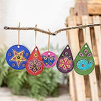 Wood and porcelain ornaments, 'Night of colour' (set of 5) - Porcelain-Accented Holiday Ornaments (Set of 5)
