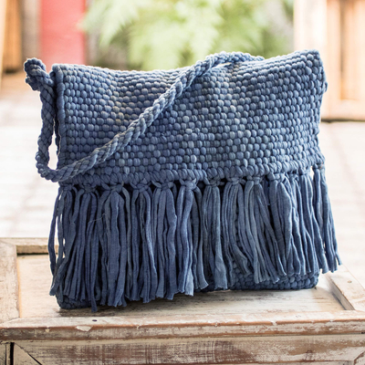 Umhängetasche aus Baumwollgemisch, 'Cartago Blue' - Handgewebte umweltfreundliche blaue Umhängetasche aus Costa Rica