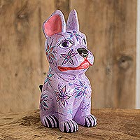 Wood sculpture, 'French Bulldog' - Handcrafted Wood Dog Sculpture