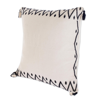 Cotton throw pillow cover, 'Zig Zag Waves' - Hand Woven Cotton Throw Pillow Cover With Tassels