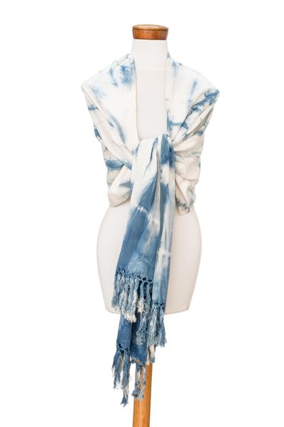 Cotton shawl, 'Atitlan Azure' - Tie-Dyed Blue and White Cotton Shawl