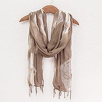 Cotton gauze shawl, 'San Pedro Mushroom' - Light Brown and White Cotton Gauze Shawl