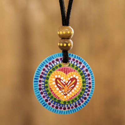 Wood pendant necklace, 'Rainbow of Love' - Hand Painted Rainbow and Heart Pendant Corded Necklace