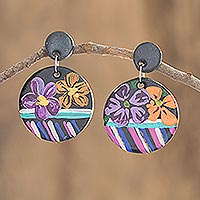 Porcelain dangle earrings, 'Atitlan Night Blossoms' - Hand Painted Porcelain Earrings