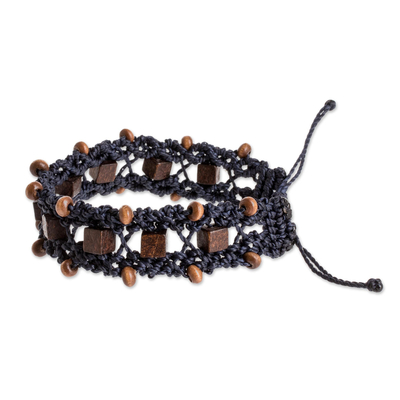 Macrame beaded wristband bracelet, 'Spirit Guide in Blue' - Blue Macrame Bracelet with Wood Beads
