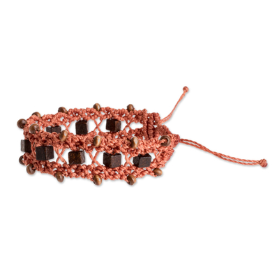 Macrame beaded wristband bracelet, 'Spirit Guide in Peach' - Handmade Peach Macrame Bracelet