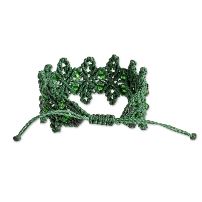 Beaded macrame wristband bracelet, 'Emerald Realm' - Green Wristband Bracelet