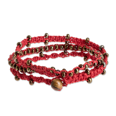 Beaded macrame wrap bracelet, 'Mixco Magic in Red' - Wrap Bracelet with Tiger's Eye Bead