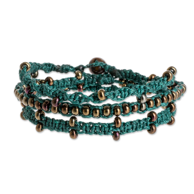 Makramee-Wickelarmband mit Perlen, 'Mixco Magic in Emerald - Grünes Makramee-Armband mit Tigerauge-Perle