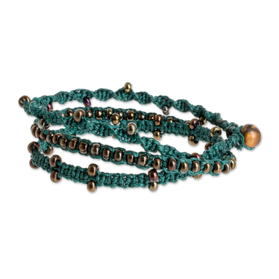 Beaded macrame wrap bracelet, 'Mixco Magic in Emerald' - Green Macrame Bracelet with Tiger's Eye Bead