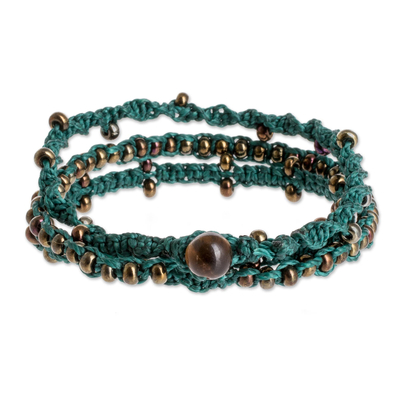 Makramee-Wickelarmband mit Perlen, 'Mixco Magic in Emerald - Grünes Makramee-Armband mit Tigerauge-Perle