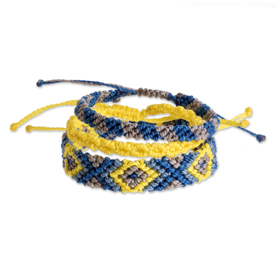 Macrame wristband bracelets, 'Seashore Sights' (set of 3) - Blue and Yellow Macrame Bracelets (set of 3)
