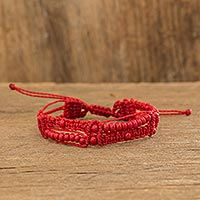 Beaded macrame bracelet, 'Mixco Trails in Red' - Artisan Crafted Red Macrame Bracelet