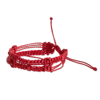 Beaded macrame bracelet, 'Mixco Trails in Red' - Artisan Crafted Red Macrame Bracelet