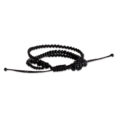 Beaded macrame bracelet, 'Triple Knot in Black' - Handcrafted Black Macrame Bracelet