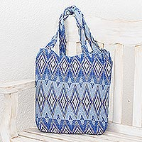 Cotton tote bag, 'Blue Diamond Dance' - Blue Cotton Handwoven Tote Bag With Diamond Pattern