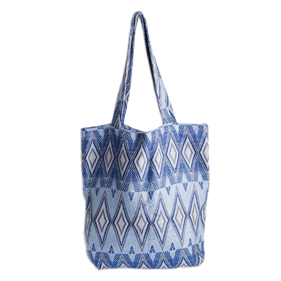 Blue Cotton Handwoven Tote Bag With Diamond Pattern
