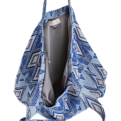 Bolso tote de algodón - Tote bag de algodón azul tejido a mano con estampado de rombos