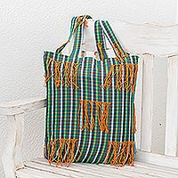 Cotton tote bag, 'Green and Orange' - Green Plaid Open Top Tote Bag With Orange Fringe