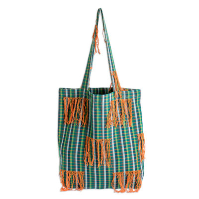 Green Plaid Open Top Tote Bag With Orange Fringe