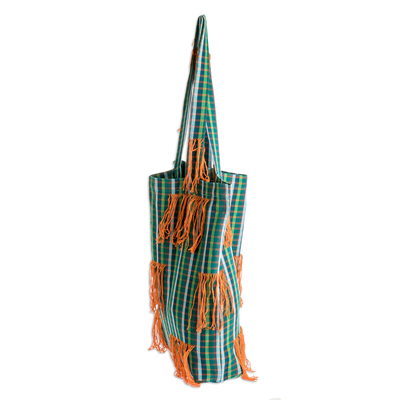Baumwoll-Einkaufstasche - Grün karierte Tragetasche mit offenem Oberteil und orangefarbenen Fransen