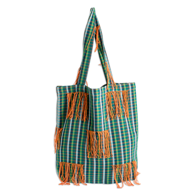Baumwoll-Einkaufstasche - Grün karierte Tragetasche mit offenem Oberteil und orangefarbenen Fransen