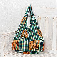 Cotton hobo bag, 'Tassel Carryall' - Handwoven Green Plaid Rounded Tote Bag With Orange Tassels