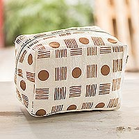 Cotton toiletry case, 'Russet Lines and Circles' - Cotton Zippered Toiletry Case with Brown Lines and Dots