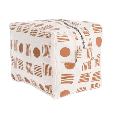 Cotton Zippered Toiletry Case with Brown Lines and Dots