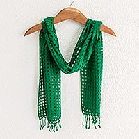 Cotton scarf, 'Windows in Kelly Green' - Handwoven Green Cotton Scarf